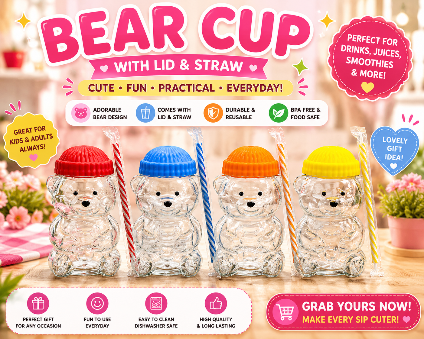 1Pc Bear Mix Color Glass Cup