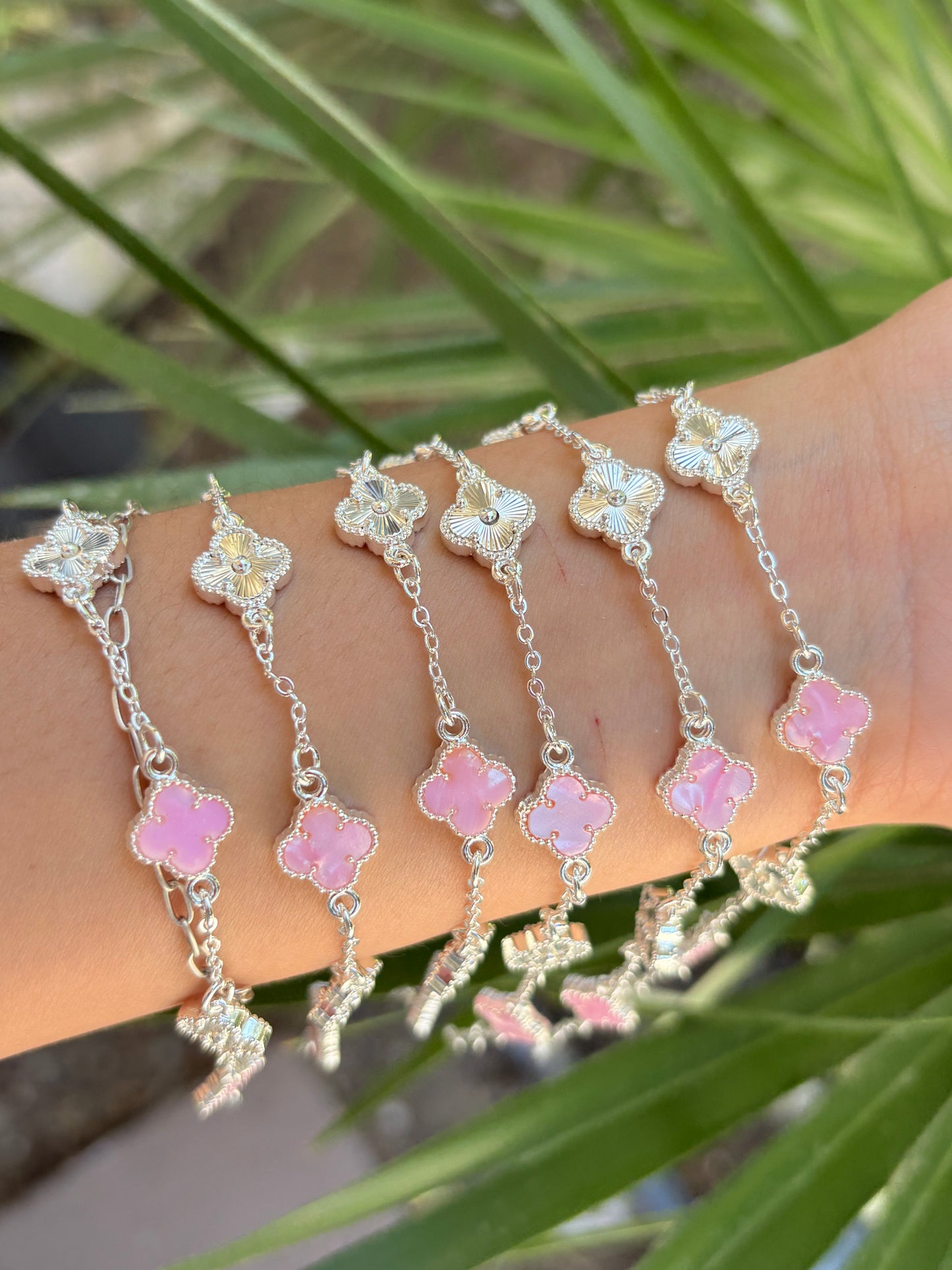 pink & silver clover bracelet 6pcs