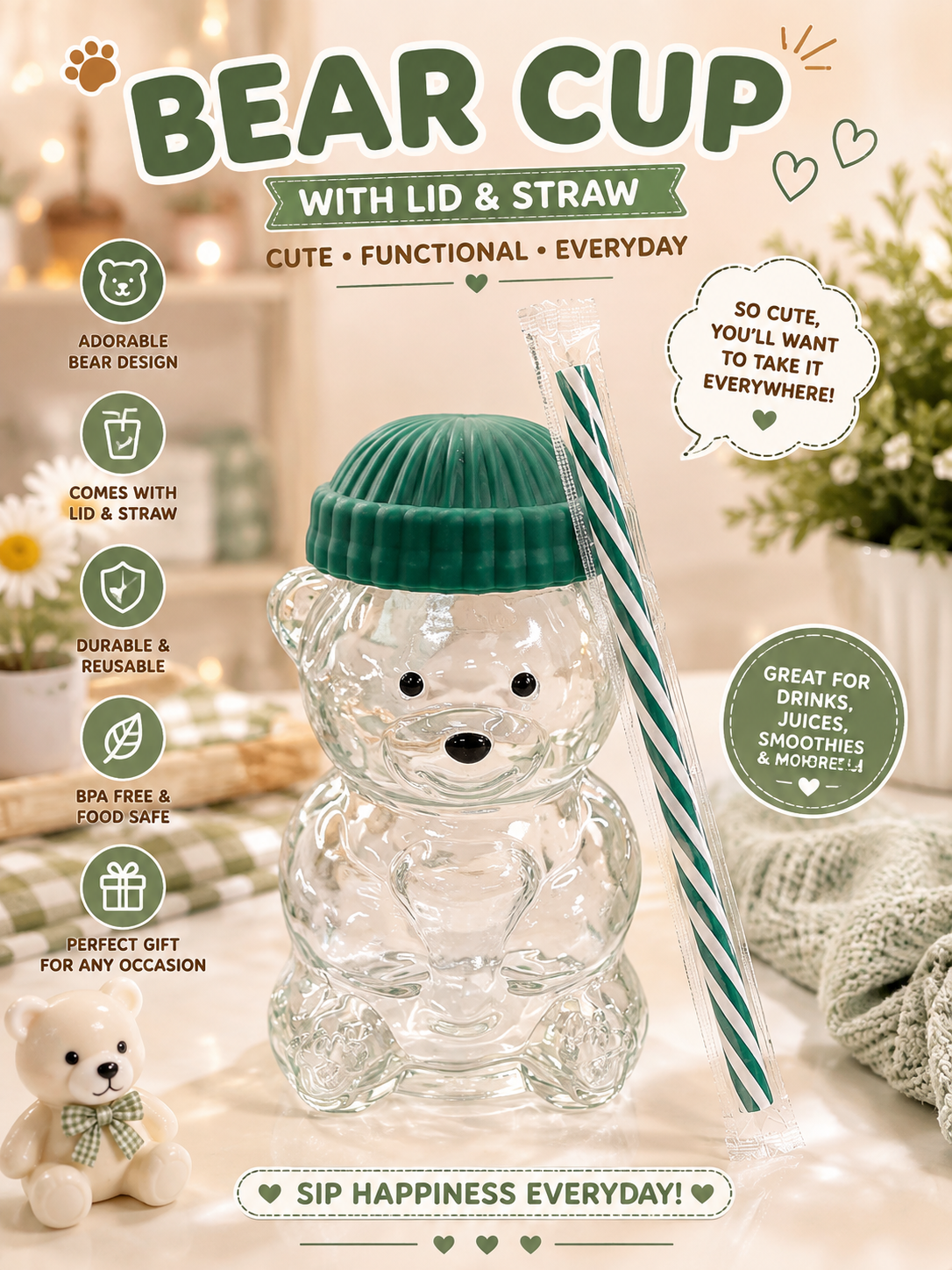 Green Glass Bear Cup