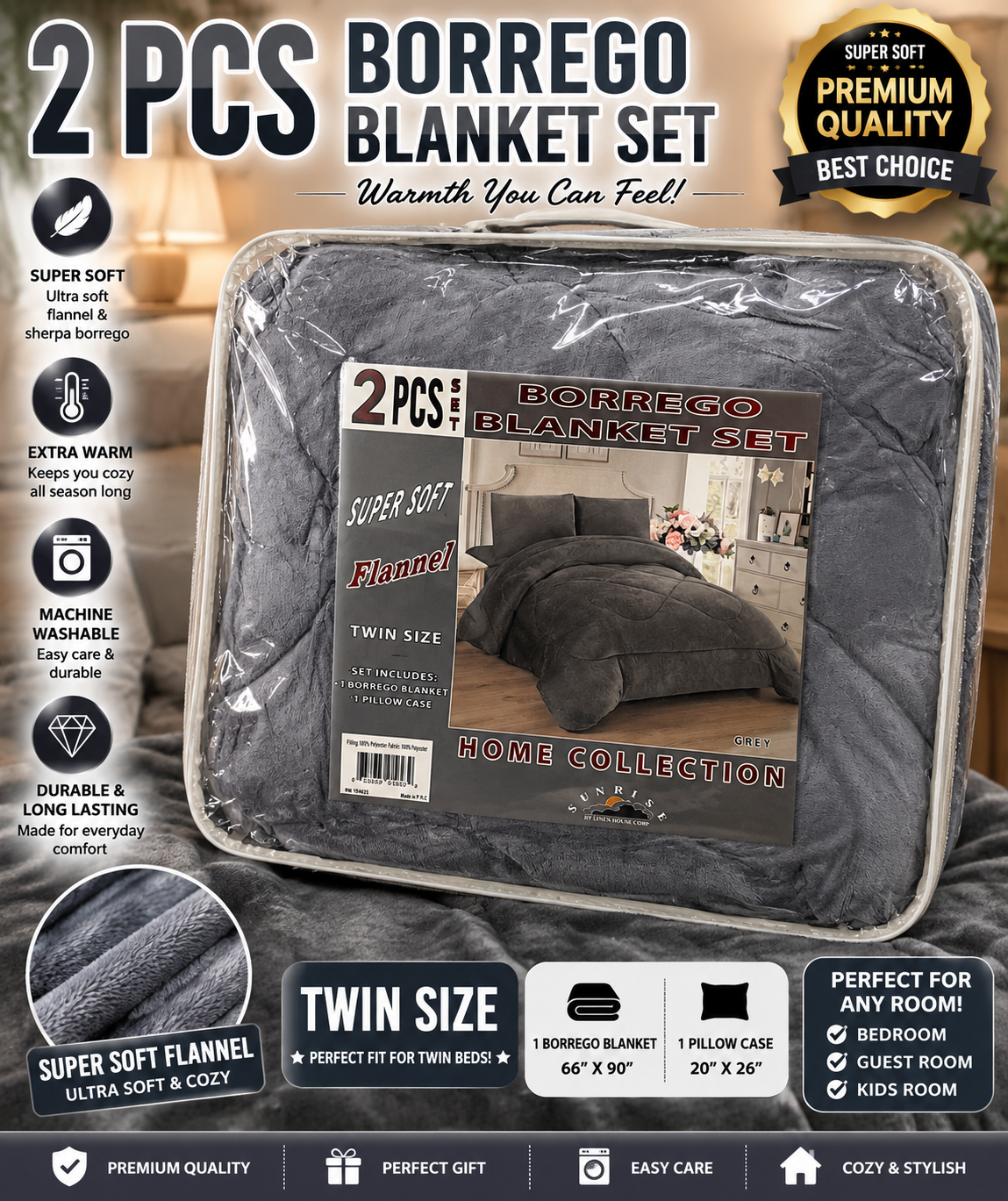 Twin size 2pc blanket set gray