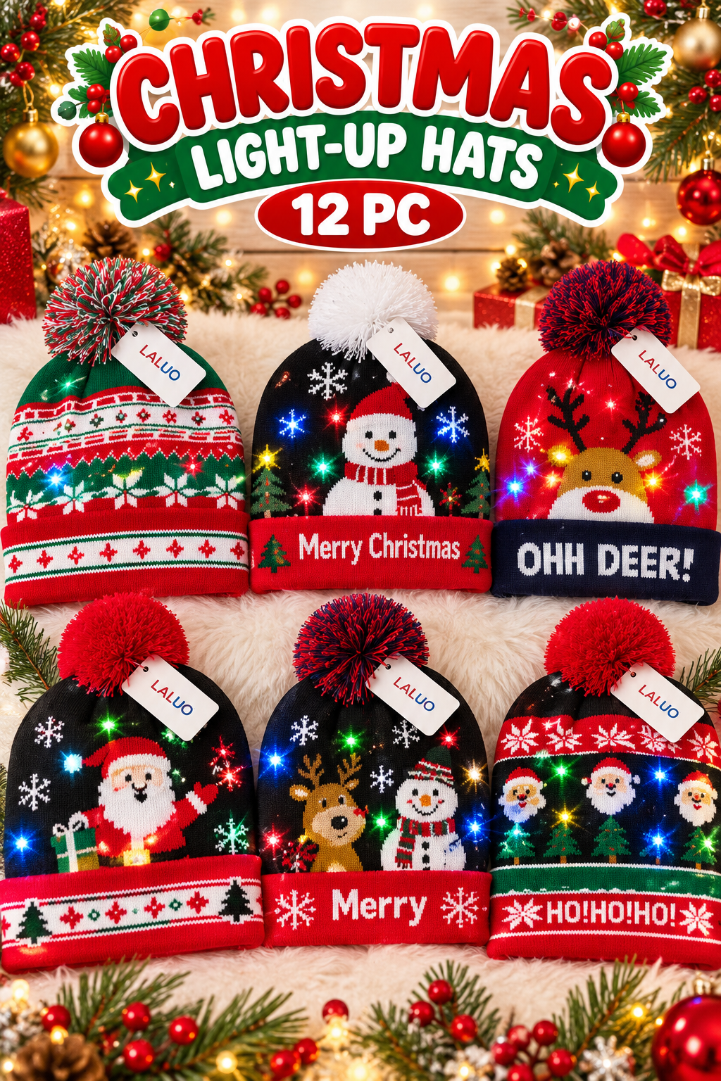 Christmas Light Up Hats 12pc STYLE #2