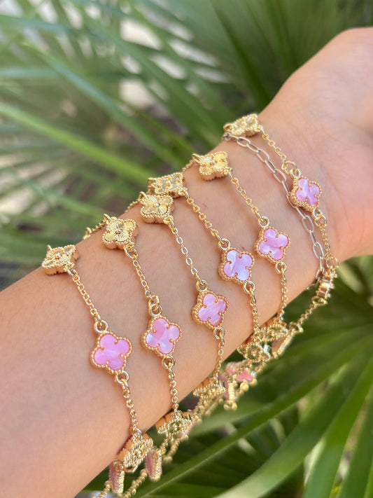 Gold & pink clover bracelet 6pcs