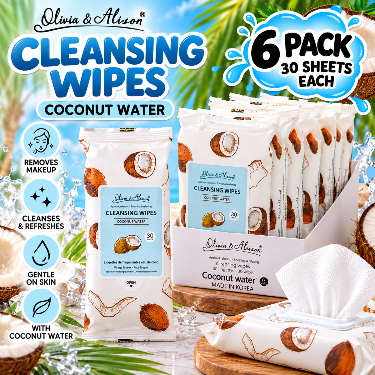 6pc Coconut Makeup Wipe Remover