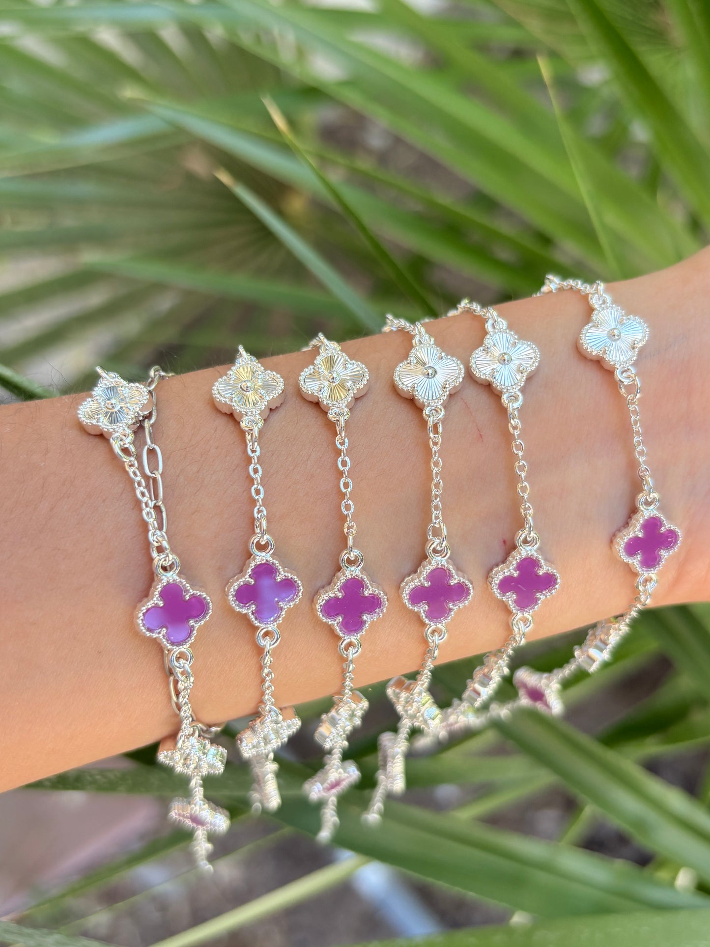 silver & purple clover bracelet 6pcs