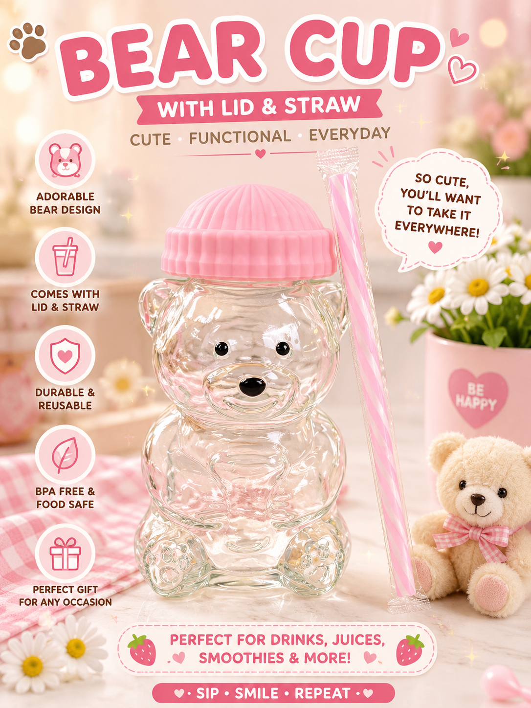 Pink Glass Bear Cup