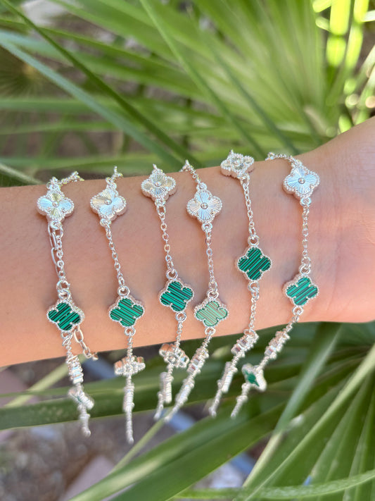 silver & green clover bracelet 6pcs
