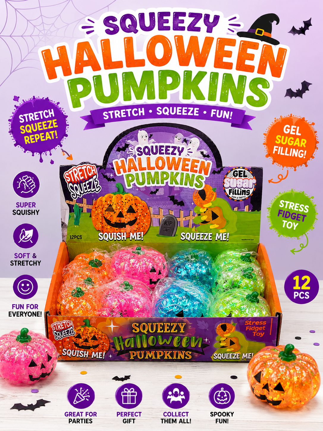 Glitter Pumpkin Squishy 12pc