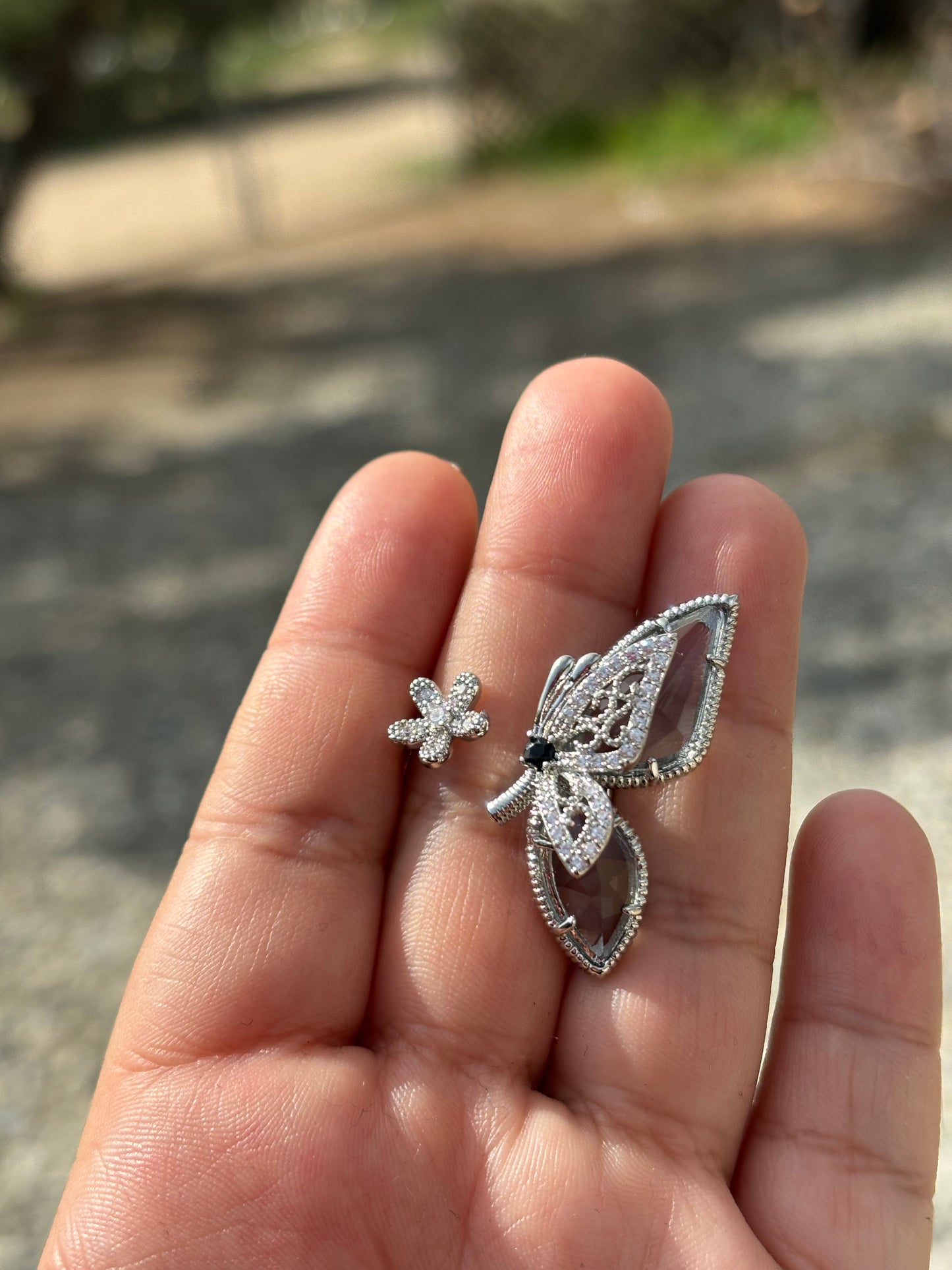 Silver Flower Butterfly Ring