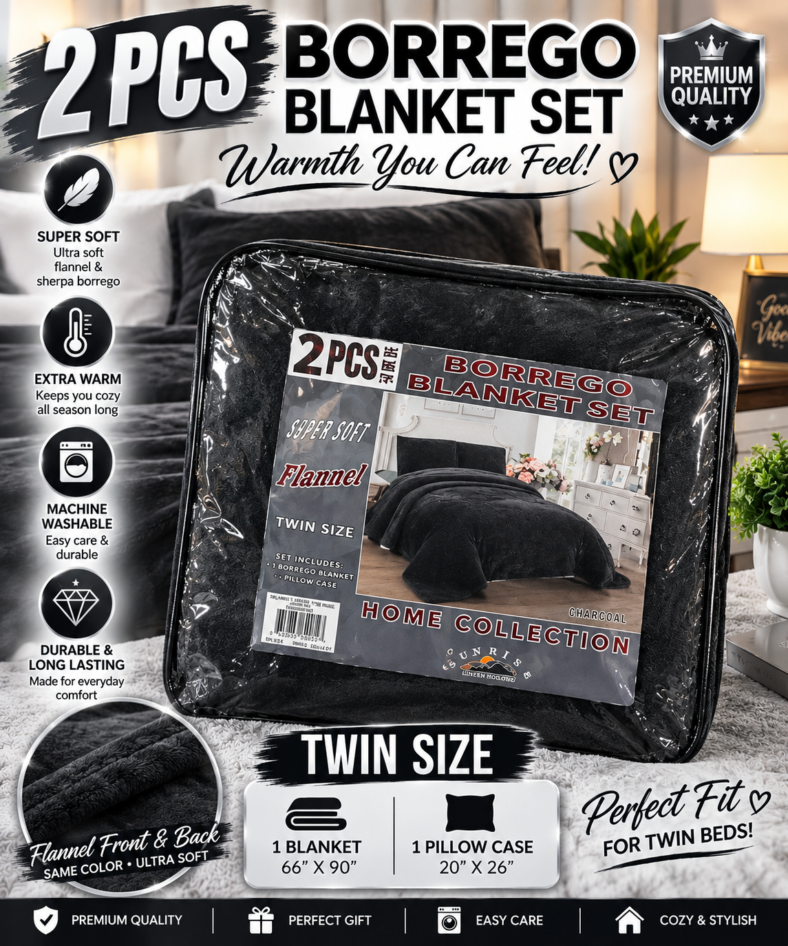 Twin size 2pc blanket set charcoal