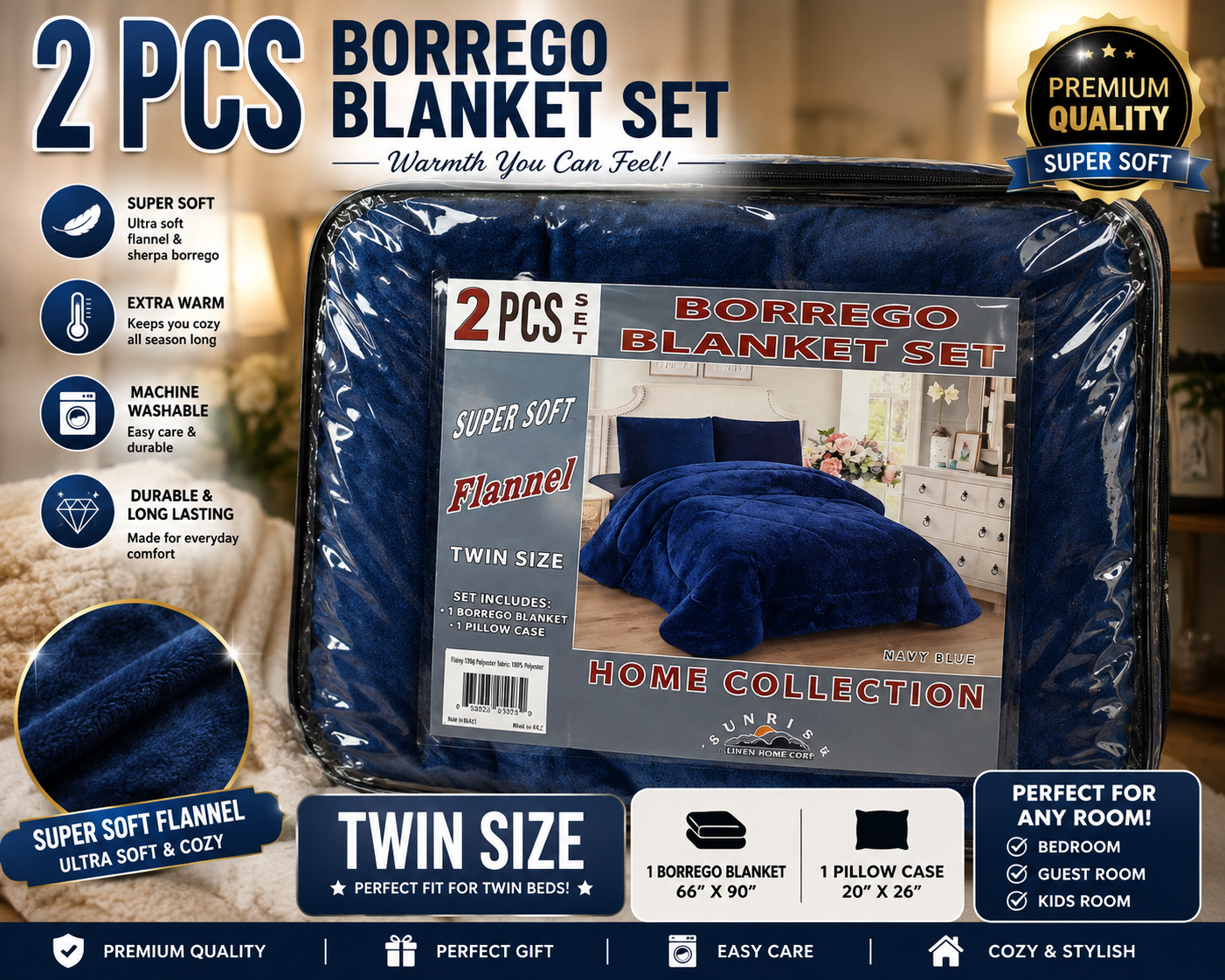 Twin size 2pc blanket set navy blue